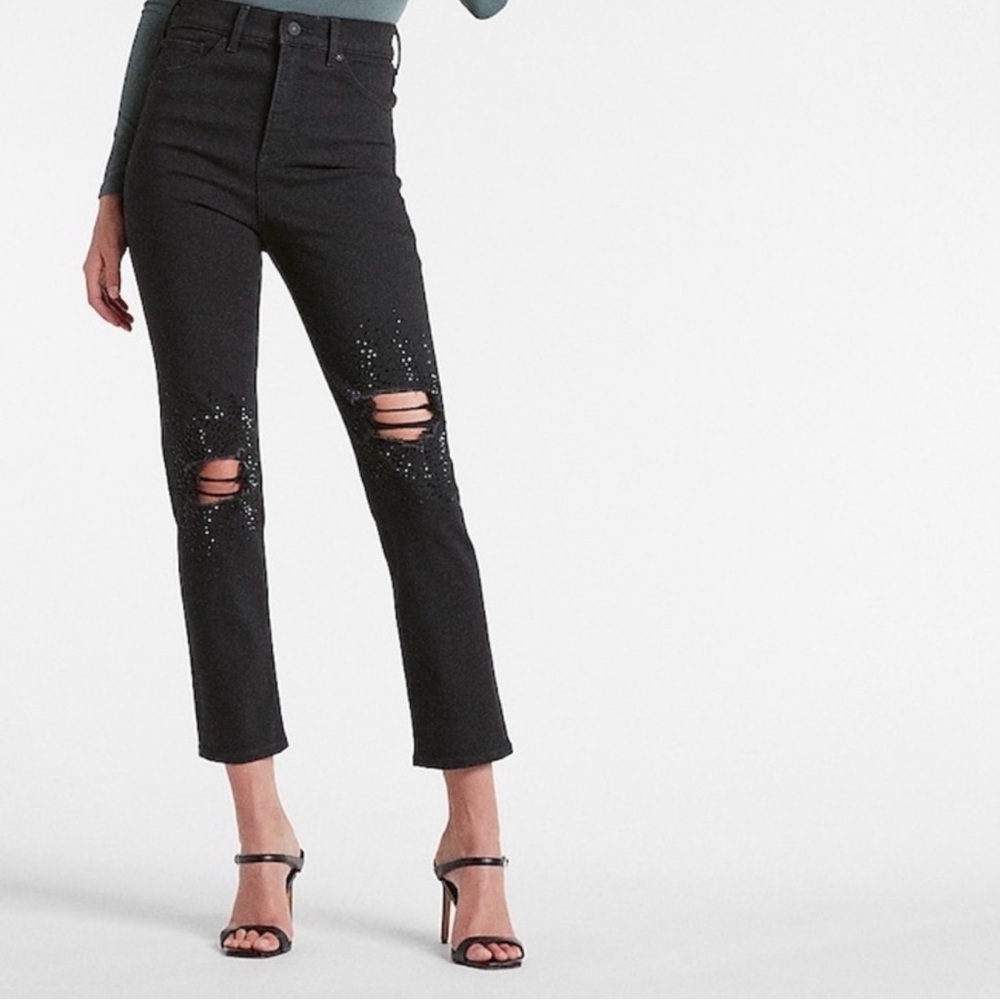 Express Black Ankle Jeans with Distressed Details